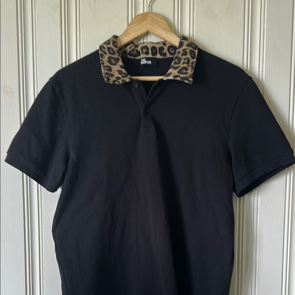 The Kooples Black Polo Shirt Short Sleeve with Leopard Print Collar Size M